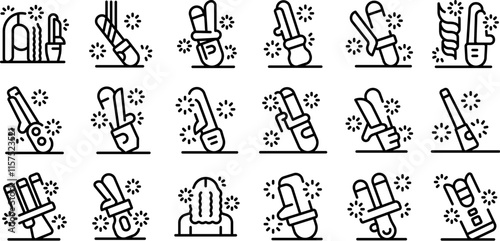 Hair curler icons set. Hairdressers using curling iron to style client's hair, creating beautiful curls and waves with sparks