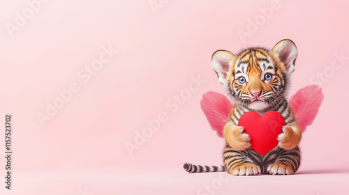 A cute baby tiger with red and white wings holding a red heart , set against a soft pink background flat surface. The design features ample blank space, making it perfect for a Valentine’s Day gift ca