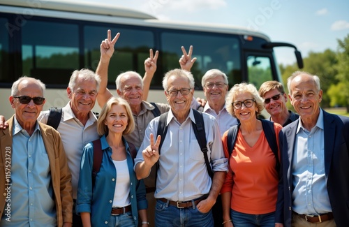 Happy mature group poses in front of tour bus. Seniors travel together on summer vacation. Smiling, cheerful. Many raising peace signs. Group tour taking place outdoors. Active older people enjoy