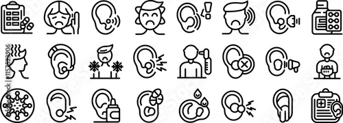 Otitis symptoms icons set. People experiencing earache, tinnitus, hearing loss and infections, using ear drops, medication, hearing aid and consulting doctor