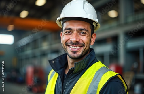 Smiling hispanic male mechanical engineer wears safety hard hat in metal factory. Pro, happy worker in manufacturing environment. Focused on camera. Factory worker looks friendly, confident.