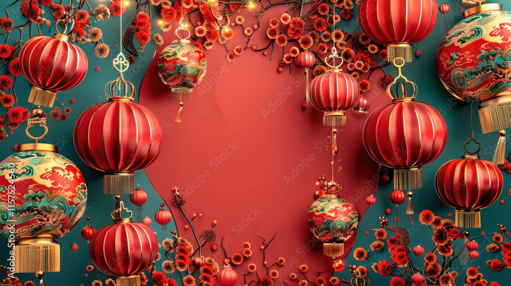 Obraz premium Chinese New Year greeting card, traditional festive theme, vibrant colors, rich red and gold details, detailed cultural elements, high-resolution illustration