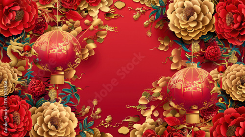 Chinese New Year illustration, traditional festive theme, vibrant colors, rich red and gold details, detailed cultural elements, high-resolution illustration photo