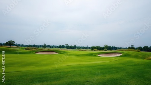 Serene Golf Course Landscape Featuring Lush Green Fairways and Sand Bunkers Under a Cloudy Sky Perfect for Golf Enthusiasts and Nature Lovers