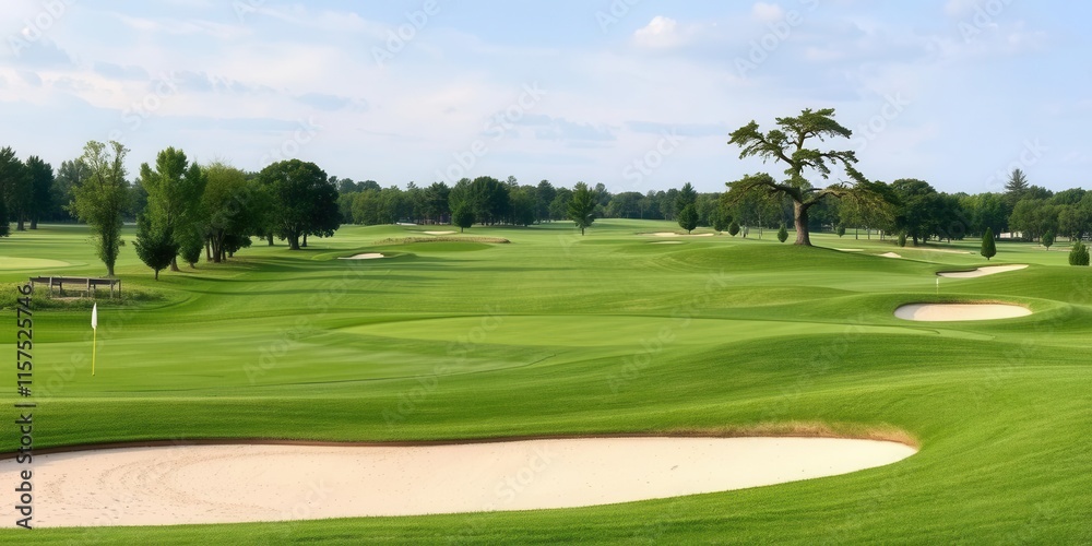 Expansive Golf Course Landscape Featuring Rolling Green Fairways, Sand Bunkers, and Lush Trees Under a Clear Blue Sky on a Sunny Day Expansive Golf Course Landscape Featuring Rolling Green Fairways, Sand Bunkers, and Lush Trees Under a Clear Blue Sky on a Sunny Day