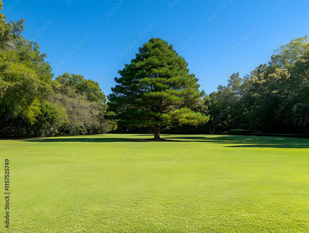 Obraz premium Lush Green Lawn with Majestic Pine Tree