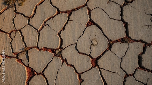 Arid land texture showing cracked earth with reddish fissures photo