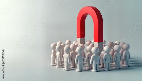 Small figures form crowd around large red horseshoe magnet. Magnet draws attention, seems to attract people. Illustration shows strong attraction concept. Concept could sales strategy marketing