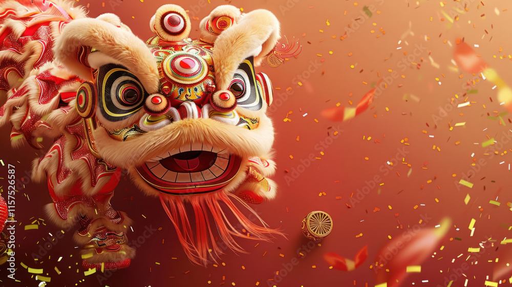 Fototapeta premium Chinese New Year lion dance performance, traditional festive theme, vibrant colors, rich red and gold details, detailed cultural elements, high-resolution illustration