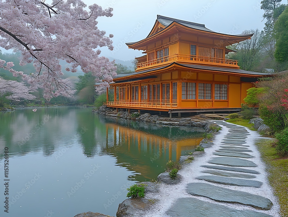 Fototapeta premium Golden temple, cherry blossoms, spring, misty pond.