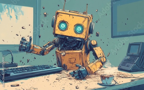 The Melancholy Robot: A Digital Breakdown in a Retro Office Setting photo