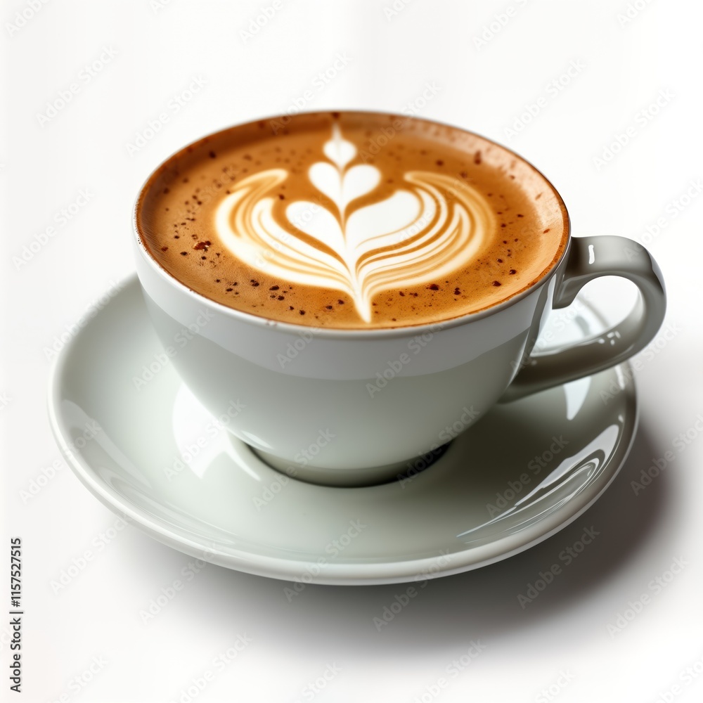Obraz premium Hot latte art coffee in white cup on saucer. Beautiful latte art design. Enjoyable hot drink. Perfect breakfast or cafe drink. Isolated on white background. Close-up view.
