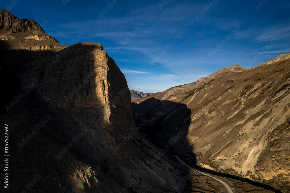 Beautiful aerial view of a mountain range with high cliffs. Landscape and nature of the North Caucasus