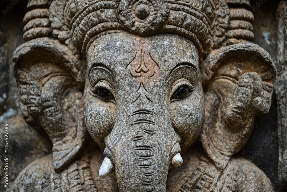Ancient stone statue of ganesha, remover of obstacles, embodies wisdom and power Ancient stone statue of ganesha, remover of obstacles, embodies wisdom and power