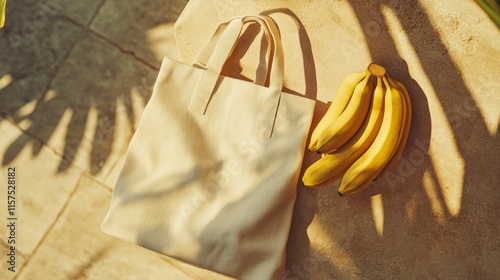 A mockup with beige fabric tote bag, lying on a sunlit surface photo