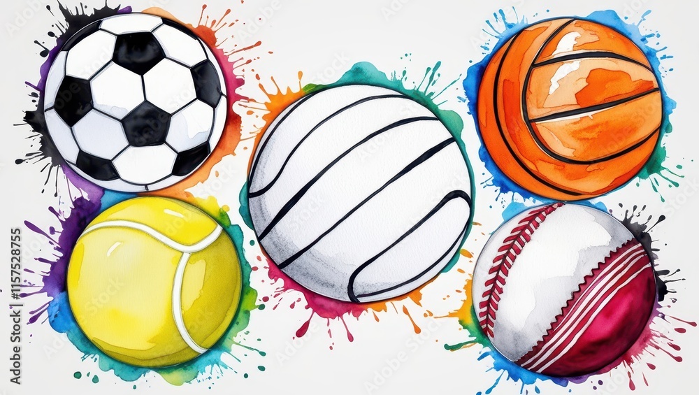 Obraz premium Colorful Watercolor Sports Balls Soccer Basketball Tennis Netball Cricket