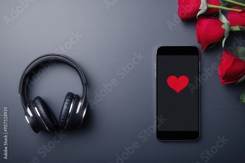 On a wellarranged table, there is a pair of quality headphones, a sleek cell phone, and a beautiful bouquet of red roses. Watching movies together over streaming platforms photo