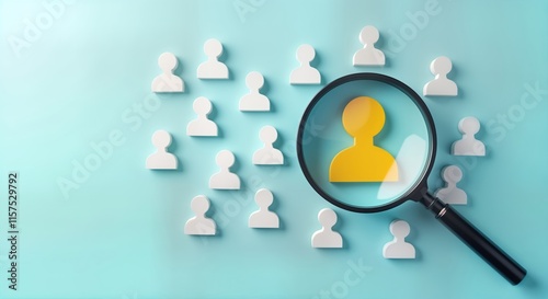 Magnifying glass focuses on single yellow human icon amidst many white icons. Concept of selecting best candidate, finding perfect client for customer focus CRM. Business illustration shows photo