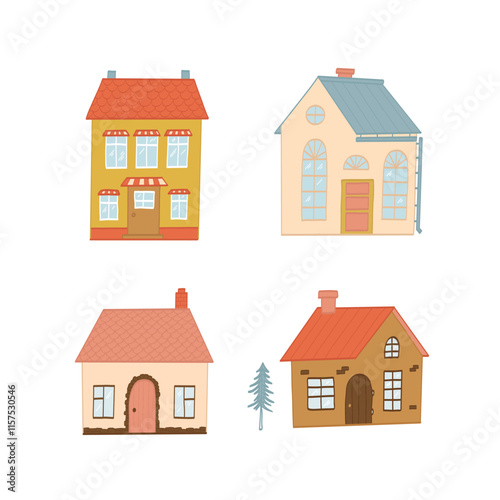 Cute houses clipart, doodles, cartoon elements, Cozy cottage illustration for stickers, prints, cards, posters, banners, signs, etc. Real estate theme. EPS 10