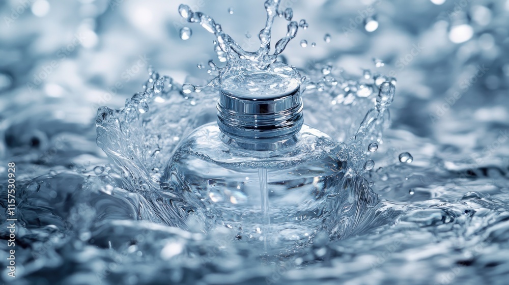 A clear bottle splashes in water, creating dynamic ripples and reflections. A clear bottle splashes in water, creating dynamic ripples and reflections.