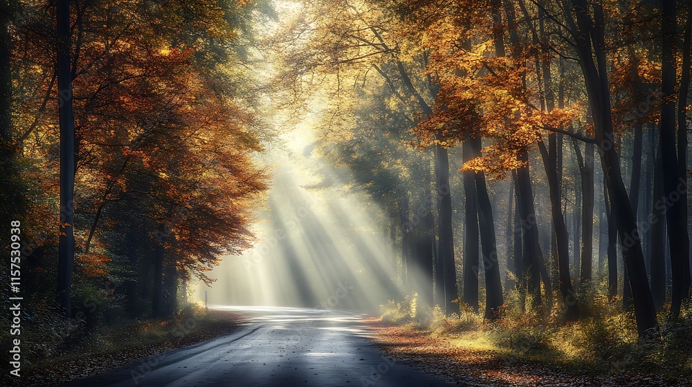 Obraz premium Autumnal foliage paints the forest landscape with vibrant hues of red, orange, and yellow, creating a breathtaking scene