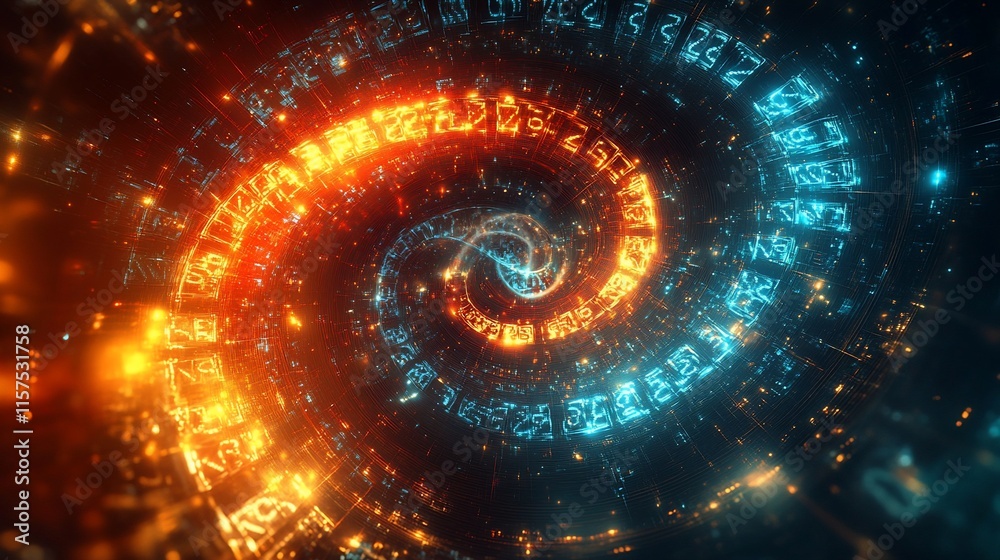 Abstract fiery and icy spiral with glowing numbers. Abstract fiery and icy spiral with glowing numbers.