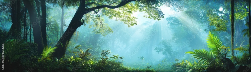 Obraz premium Lush forest with serene light filtering through leafy trees.