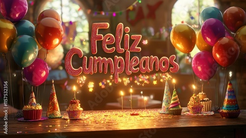 Feliz Cumpleanos: A Festive Birthday Celebration with Balloons, Cupcakes, and Sparkling Candles