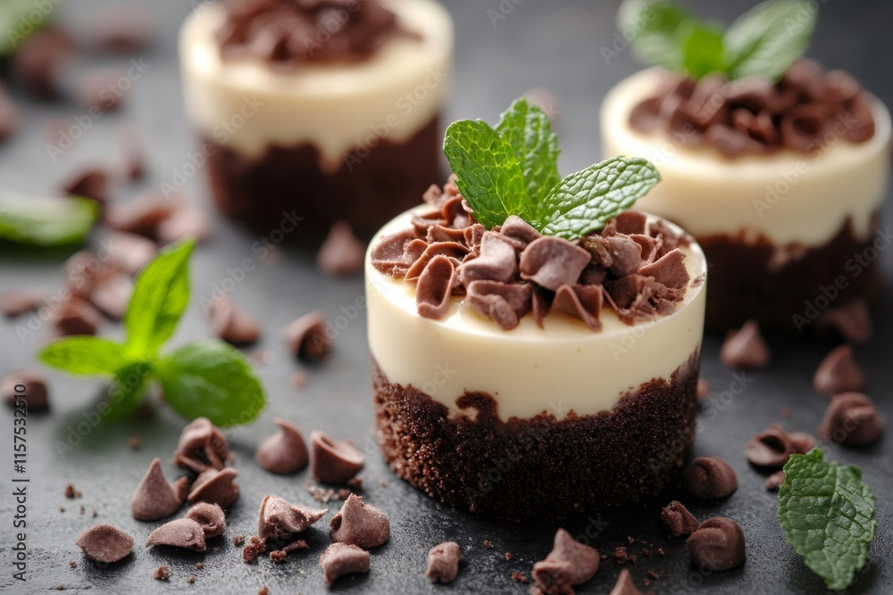 Mini cheesecakes decorated with chocolate shavings and fresh mint Mini cheesecakes decorated with chocolate shavings and fresh mint