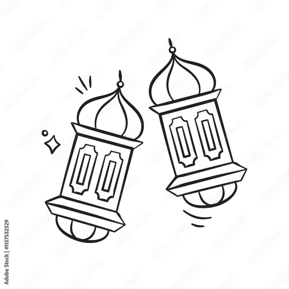 Obraz premium Ramadan hand drawn illustration. Islamic lantern lamp doodle vector design elements. Muslim sketch style outline icon drawing.
