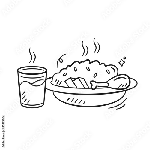 Ramadan food hand drawn illustration. Islamic doodle vector design elements. Rice, chicken, and a glass of water sketch style outline icon drawing.