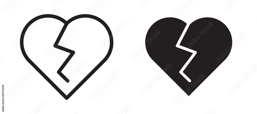 Heart Crack icons in black line and filled versions