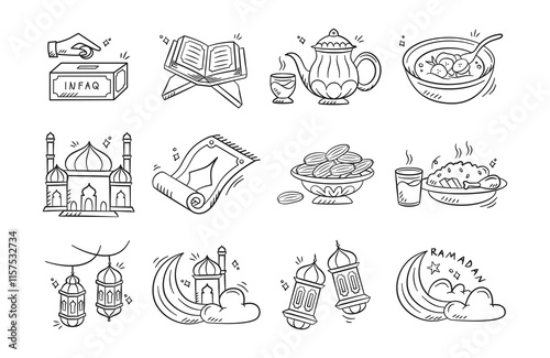 Ramadan hand drawn illustration pack. Set of Islamic doodle vector design elements. Sketch style line art muslim cartoon icon collection.