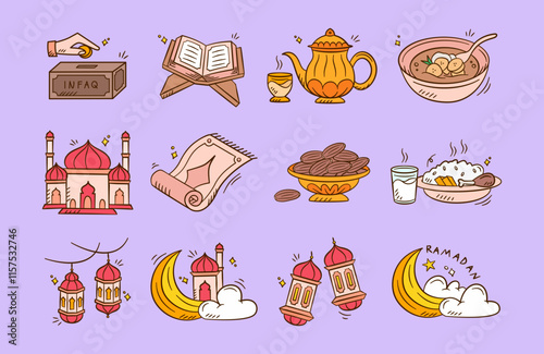 Ramadan hand drawn illustration pack. Set of Islamic doodle vector design elements. Sketch style line art muslim cartoon icon collection.