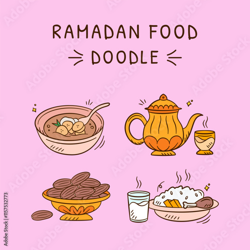 Ramadan hand drawn illustration pack. Set of Islamic iftar food doodle vector design elements. Sketch style outline icon of teapot, kettle, dates, rice, indonesian dessert food. 