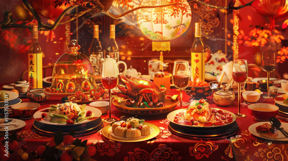 Chinese New Year reunion dinner, traditional festive theme, vibrant colors, rich red and gold details, detailed cultural elements, high-resolution illustration Chinese New Year reunion dinner, traditional festive theme, vibrant colors, rich red and gold details, detailed cultural elements, high-resolution illustration
