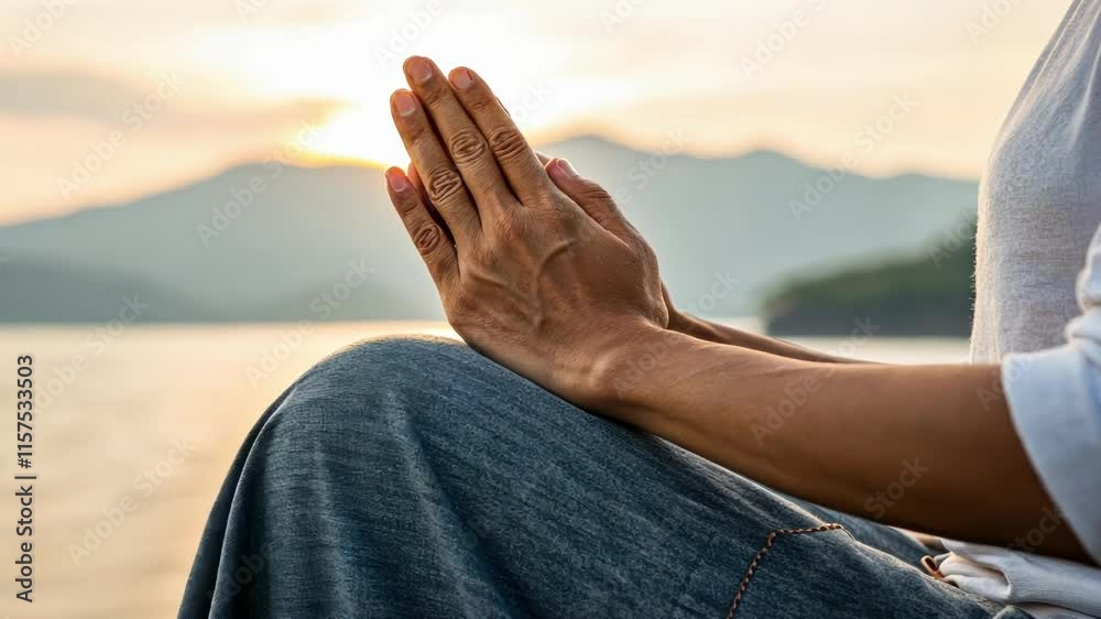 Chair Yoga A closeup of hands clasped in a gentle prayer position resting on a knee demonstrating calm and focused breathing with a peaceful background. Chair Yoga A closeup of hands clasped in a gentle prayer position resting on a knee demonstrating calm and focused breathing with a peaceful background.