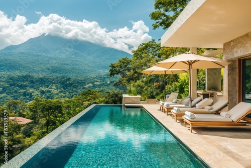 Infinity pool overlooking lush tropical rainforest and mountain in nicaragua