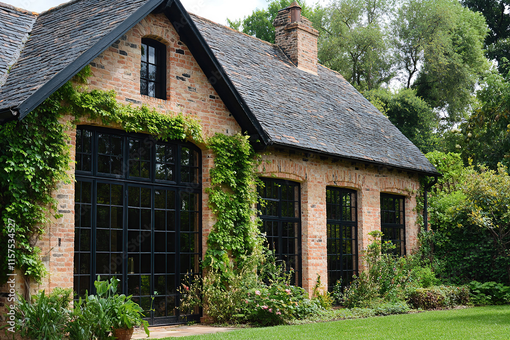 Fototapeta premium A brick and black-roofed house with large windows in the front, surrounded by greenery and grass. The walls of one side have ivy growing on them. In the background is an English garden with trees.