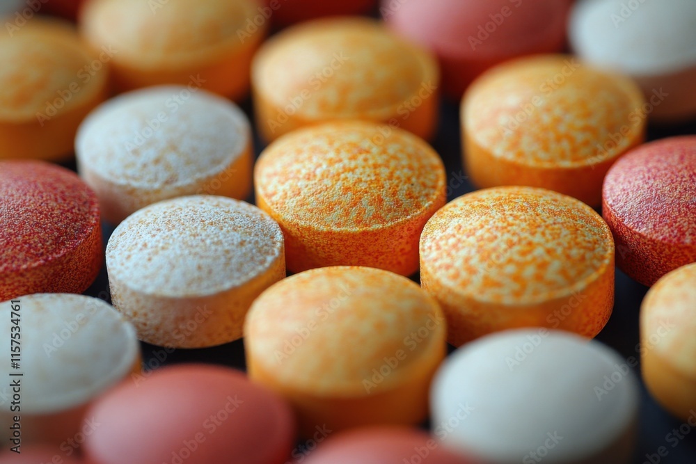 Colorful tablets arranged in sharp detail on a clean surface. A vibrant and modern representation of healthcare and pharmaceuticals. Perfect for medicine, treatment, and healthcare visuals. Colorful tablets arranged in sharp detail on a clean surface. A vibrant and modern representation of healthcare and pharmaceuticals. Perfect for medicine, treatment, and healthcare visuals.