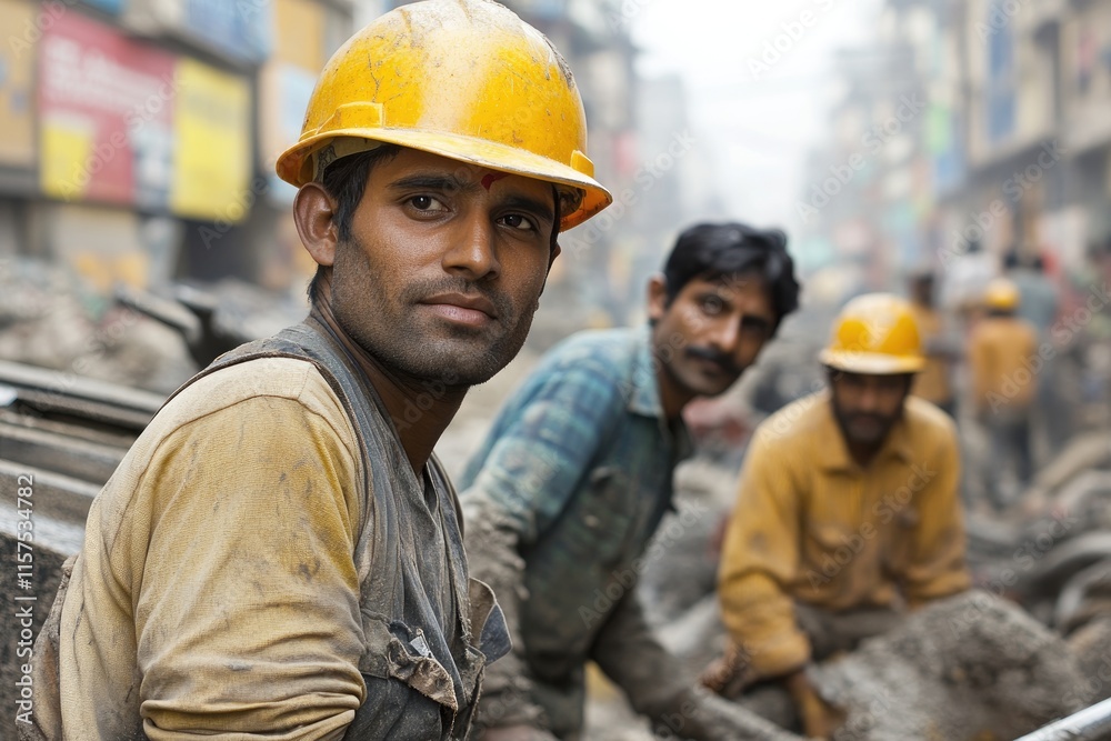 Group of Indian workers in safety gear operating heavy machinery in a bustling modern industrial factory setting. Group of Indian workers in safety gear operating heavy machinery in a bustling modern industrial factory setting.
