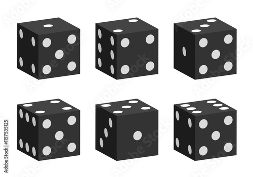 Black dice with white dots. Vector set isolated on white background. 3d dice.