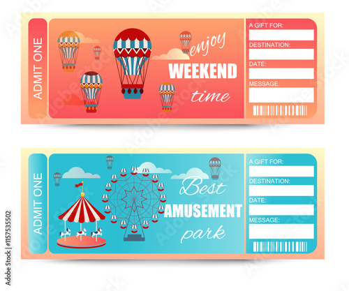 Amusement park tickets. Balloons and carousels on a gradient background. Tickets with fields for date, place and name. Vector illustration