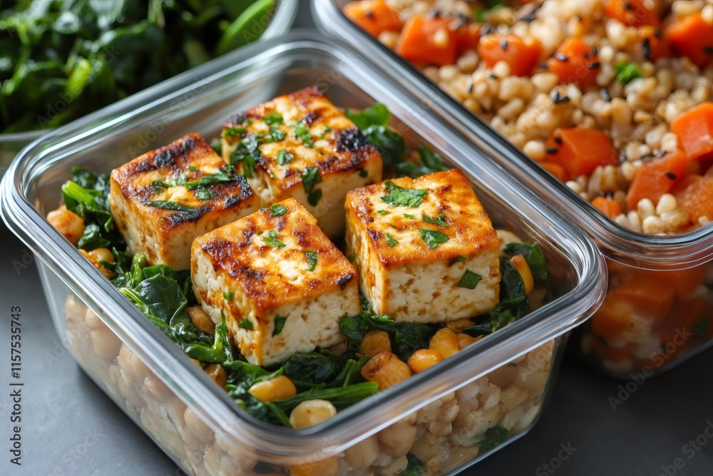 Grilled tofu with chickpeas and spinach in a meal prep container, displaying healthy eating habits Grilled tofu with chickpeas and spinach in a meal prep container, displaying healthy eating habits