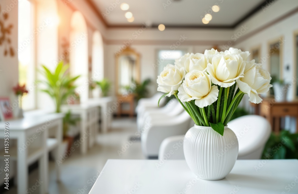 Bright beauty salon interior with natural light. White flowers in vase on table. Relaxing atmosphere. Stylish, elegant design. Modern salon. Eco-friendly decor. Spa, wellness. Pro beauty care. Bright beauty salon interior with natural light. White flowers in vase on table. Relaxing atmosphere. Stylish, elegant design. Modern salon. Eco-friendly decor. Spa, wellness. Pro beauty care.