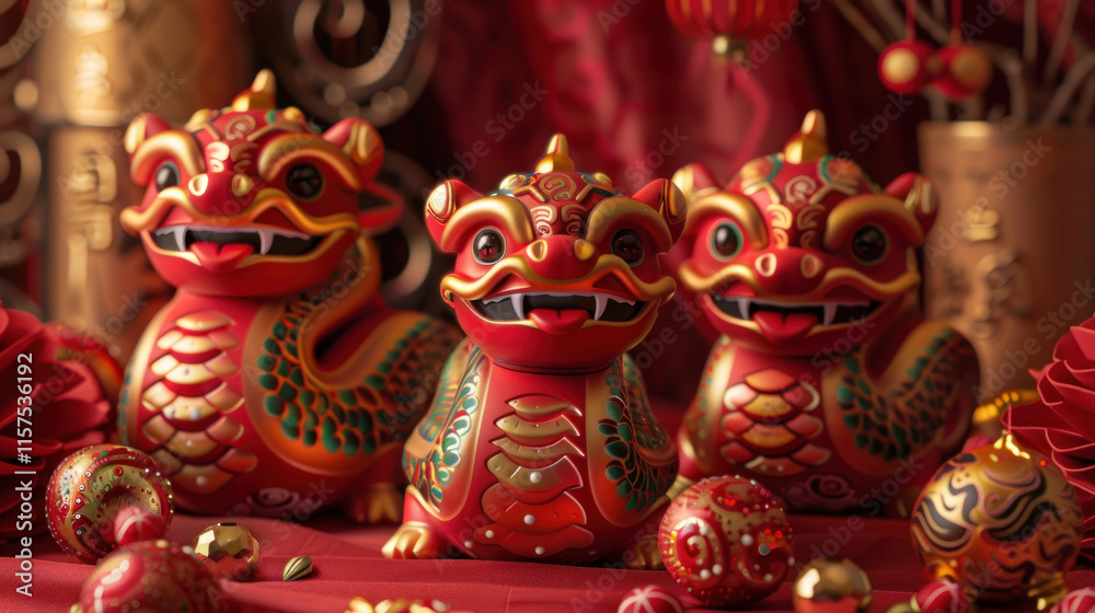 Chinese New Year snake figurines, traditional festive theme, vibrant colors, rich red and gold details, detailed cultural elements, high-resolution illustration Chinese New Year snake figurines, traditional festive theme, vibrant colors, rich red and gold details, detailed cultural elements, high-resolution illustration