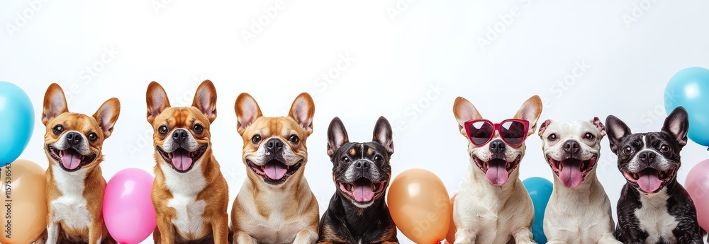 Group of happy dogs celebrating at a festive event with colorful balloons and playful atmosphere during daylight hours Group of happy dogs celebrating at a festive event with colorful balloons and playful atmosphere during daylight hours
