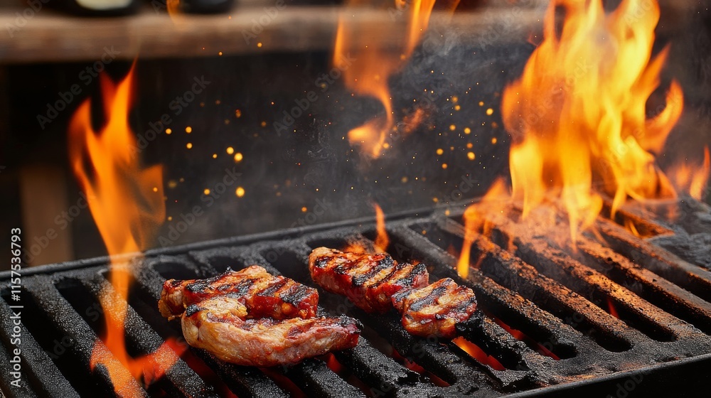 Grilling marinated meat on an outdoor barbecue with flames and smoke rising in summer Grilling marinated meat on an outdoor barbecue with flames and smoke rising in summer