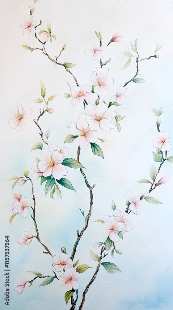 A pastel watercolor set featuring cherry blossoms slender branches and soft vines. A pastel watercolor set featuring cherry blossoms slender branches and soft vines.