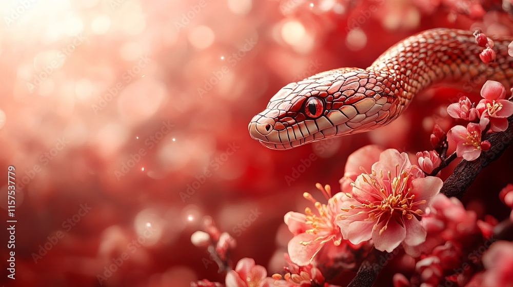 Beautiful snake coiled among pink blossoms in a serene natural setting during springtime Beautiful snake coiled among pink blossoms in a serene natural setting during springtime
